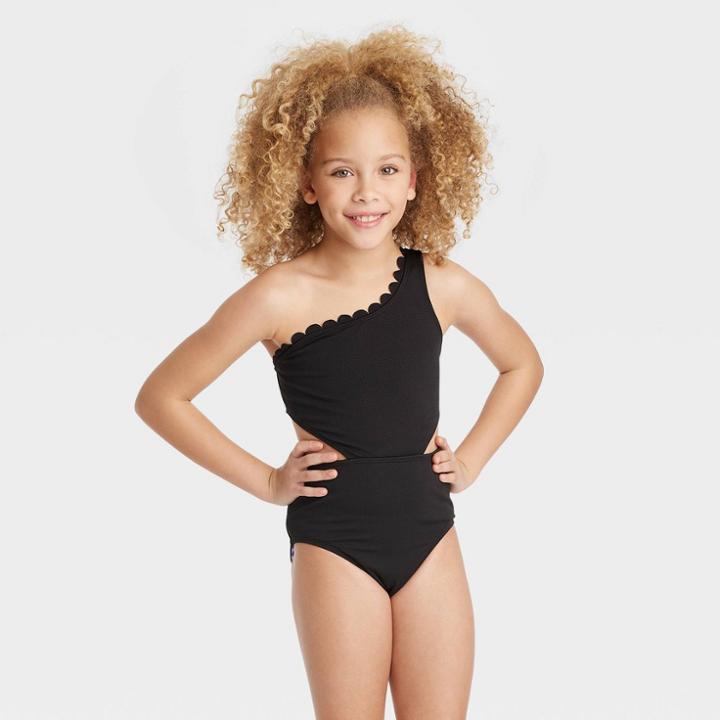 Girls' Solid Summer Scallop Swimsuit - Art Class Black