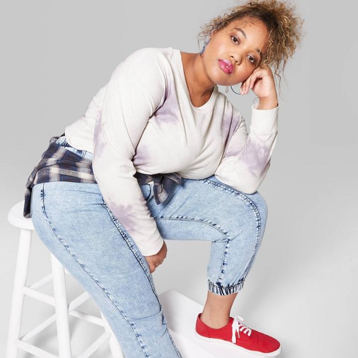 Women's Plus Size Tie Dye Long Sleeve Crewneck Boxy T-shirt - Wild Fable Gray/white