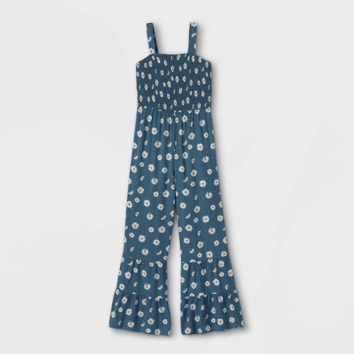 Girls' Smocked Bodice Tiered Sleeveless Jumpsuit - Art Class Blue