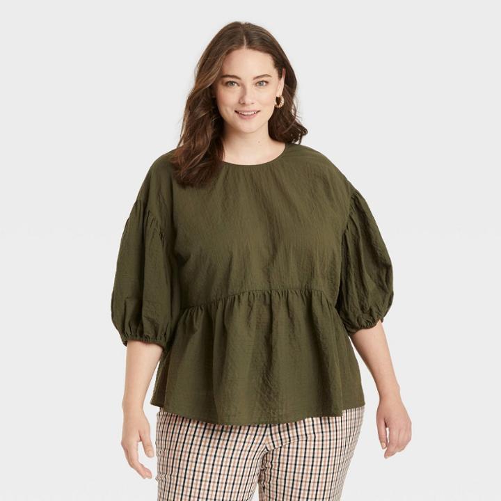Women's Plus Size Puff 3/4 Sleeve Top - A New Day Teal Green Windowpane