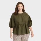 Women's Plus Size Puff 3/4 Sleeve Top - A New Day Teal Green Windowpane