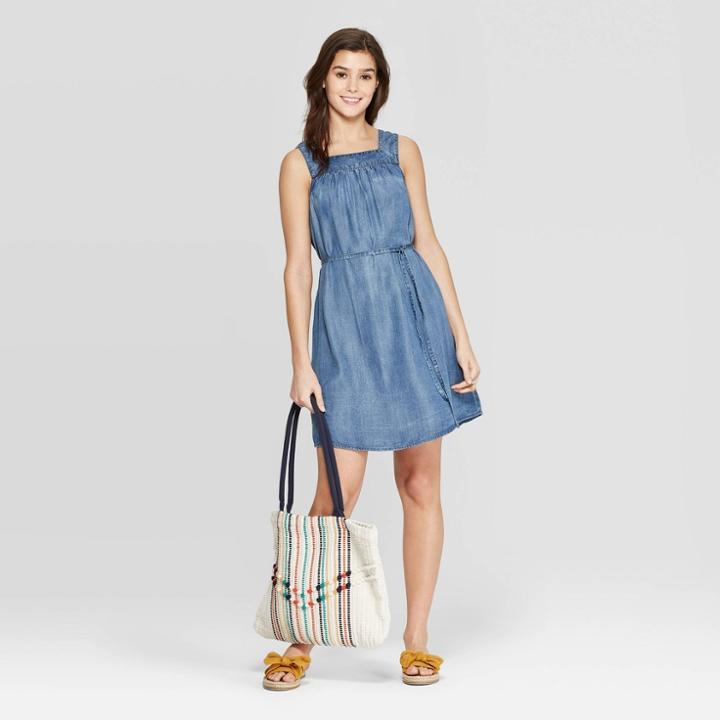 Women's Sleeveless Square Neck At Knee Denim Dress - Universal Thread Blue