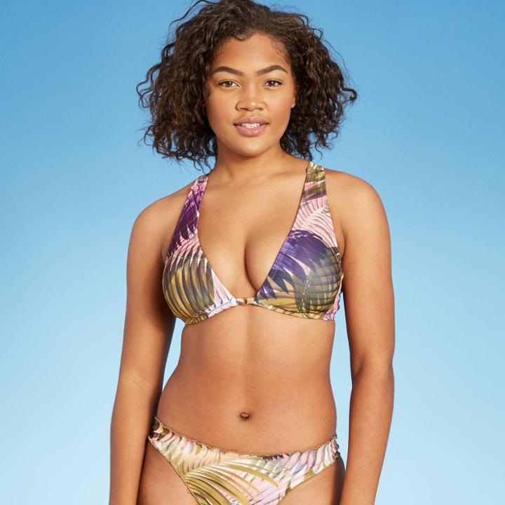 Women's Tall Triangle Ring Detail Bikini Top - Shade & Shore Acai Purple Palm Print