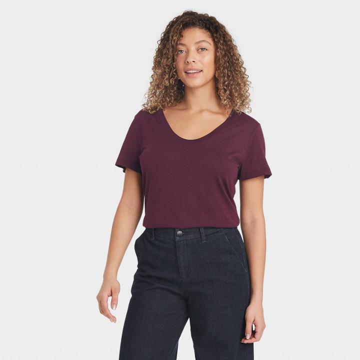 Women's Short Sleeve V-neck T-shirt - A New Day Burgundy