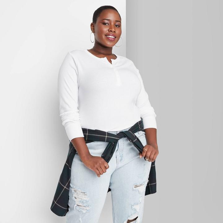Women's Plus Size Long Sleeve Round Neck T-shirt - Wild Fable White Rib