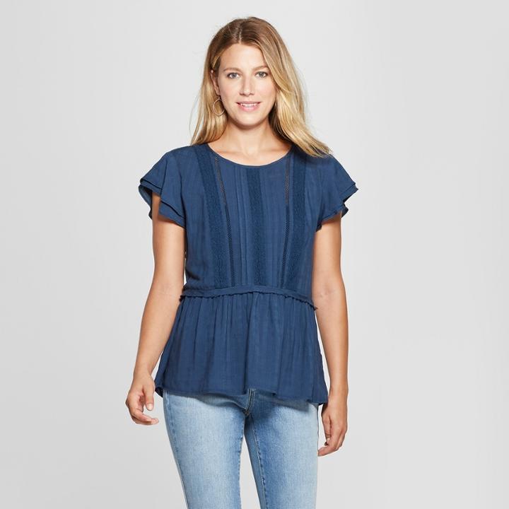 Women's Flutter Short Sleeve Windowpane Lace Back Top - Knox Rose Sapphire (blue)