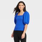 Women's Puff Elbow Sleeve Top - A New Day Blue