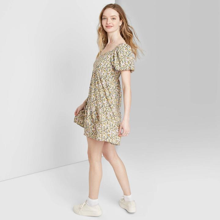 Women's Floral Print Puff Short Sleeve Round Neck Babydoll Mini Dress - Wild Fable White