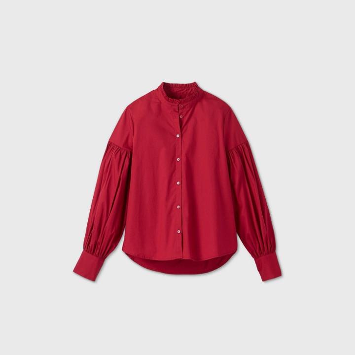 Women's Puff Long Sleeve Poplin Shirt - A New Day Pink