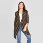Women's Plaid 3/4 Sleeve With Frayed Cascade Front Kimono Jacket - Knox Rose Green