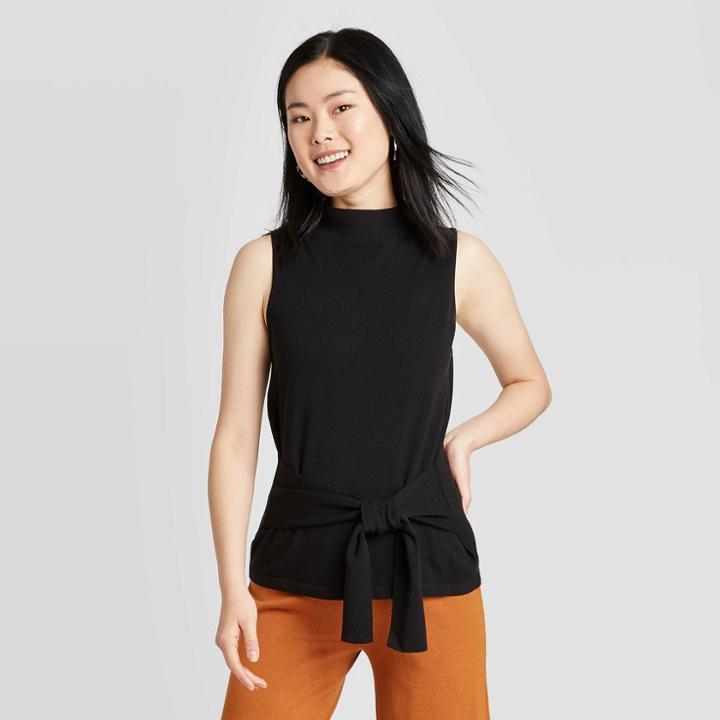 Women's Crewneck Tie Waist Sweater Tank - A New Day Black