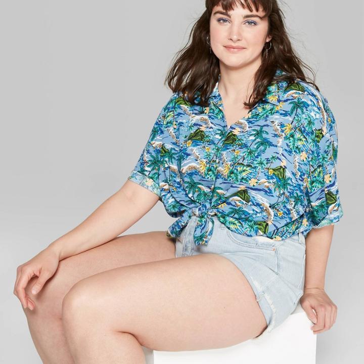Women's Plus Size Short Sleeve Collared Button-down Tropical Camp Shirt - Wild Fable Blue