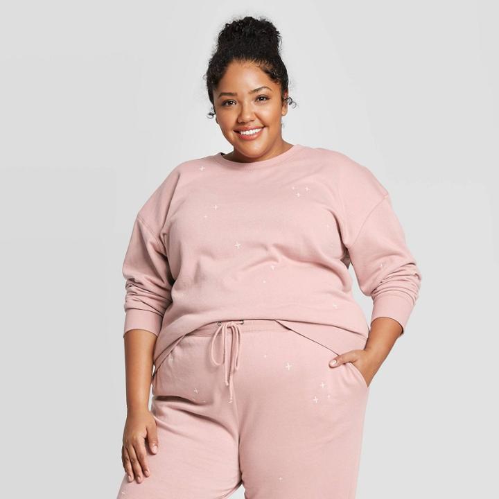 Women's Plus Size Embroidered Long Sleeve Crewneck Sweatshirt - Universal Thread Pink