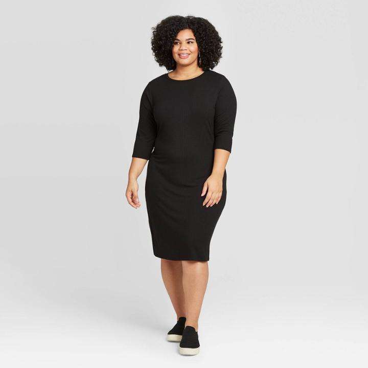 Women's Plus Size 3/4 Sleeve Rib-knit Dress - A New Day Black 1x, Women's,
