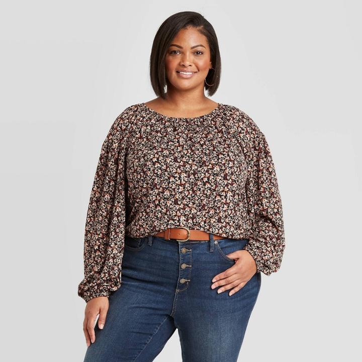 Women's Plus Size Floral Print Long Sleeve Knit Blouse - Ava & Viv Red X