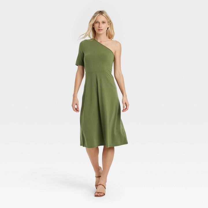 Women's Elbow Sleeve One Shoulder Knit Dress - Who What Wear Olive Green