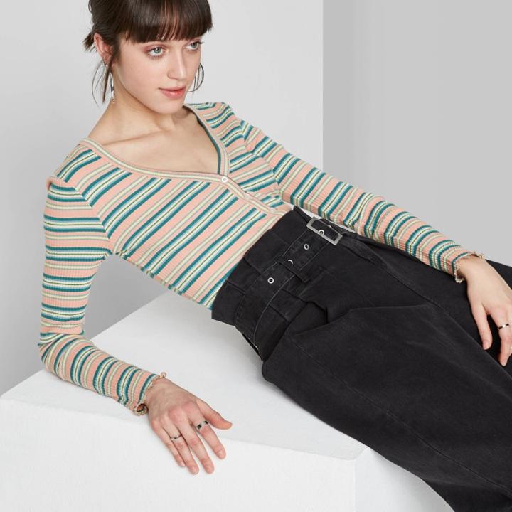 Women's Striped Long Sleeve V-neck Button Front Top - Wild Fable Peach/blue Xs, Women's,