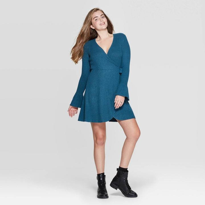 Women's Long Sleeve V-neck Wrap Sweater Knit Mini Dress - Xhilaration Teal Xs, Women's, Blue