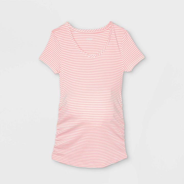 Maternity Striped Short Sleeve Scoop Neck Side Shirred T-shirt - Isabel Maternity By Ingrid & Isabel Pink