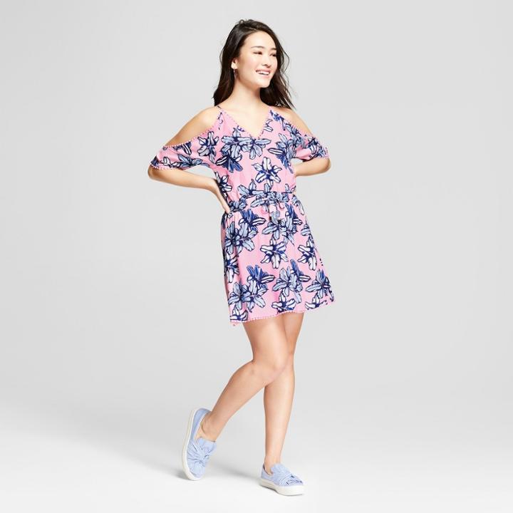 Women's Floral Print Cold Shoulder Bobble Trim Dress - Love @ First Sight (juniors') Pink