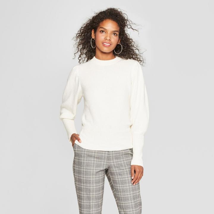 Women's Long Puff Sleeve Crew Neck Sweater - Who What Wear White