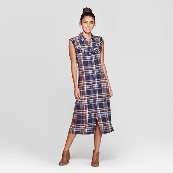 Women's Plaid Sleeveless Ruffle Midi Dress - Universal Thread Blue