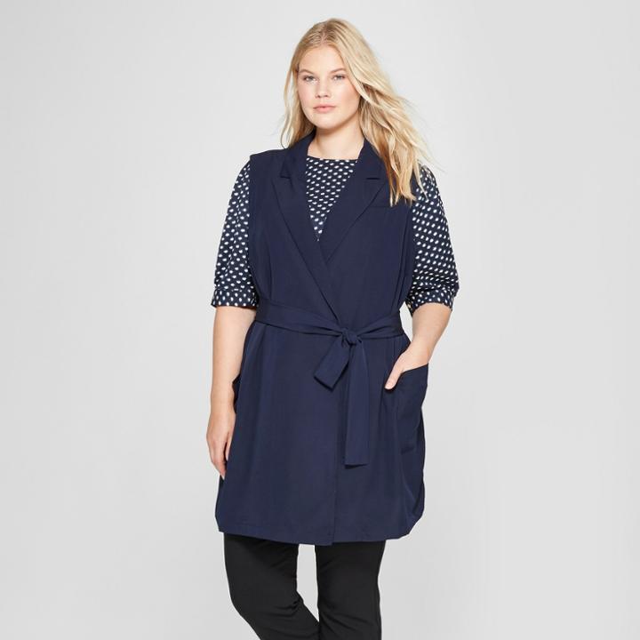 Women's Plus Size Tied Waist Vest - Ava & Viv Navy X, Blue