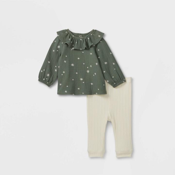 Grayson Collective Baby Girls' Cozy Star Gauze Top & Leggings Set - Green Newborn