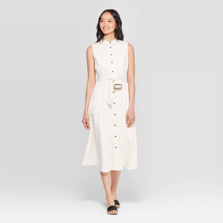 Women's Sleeveless Crewneck Belted Flare Midi Dress - Who What Wear Cream