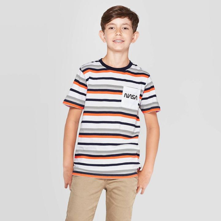 Boys' Nasa Striped Embroidered Pocket Short Sleeve T-shirt - White Xl,