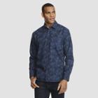 Men's Leaf Print Slim Fit Long Sleeve Never Tuck Button-down Shirt - Van Heusen Navy