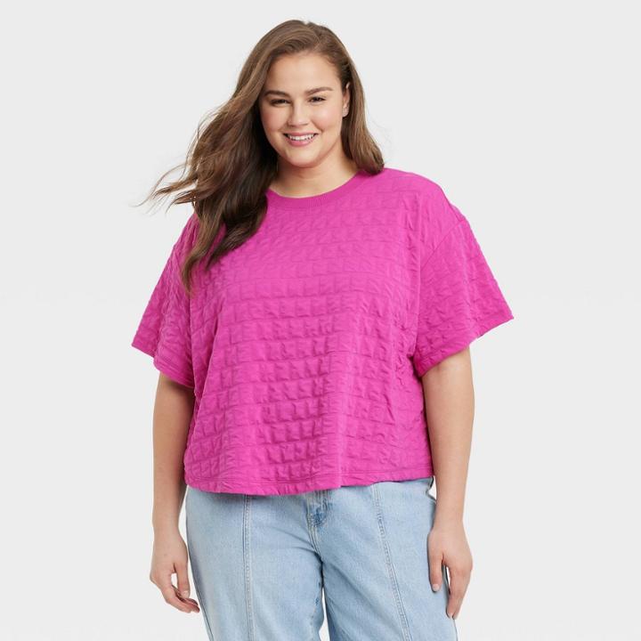 Women's Plus Size Bell Short Sleeve Quilted Boxy T-shirt - A New Day Pink
