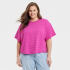 Women's Plus Size Bell Short Sleeve Quilted Boxy T-shirt - A New Day Pink