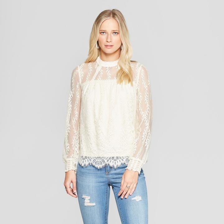 Women's Long Sleeve High Neck Lace Top - Xhilaration Ivory
