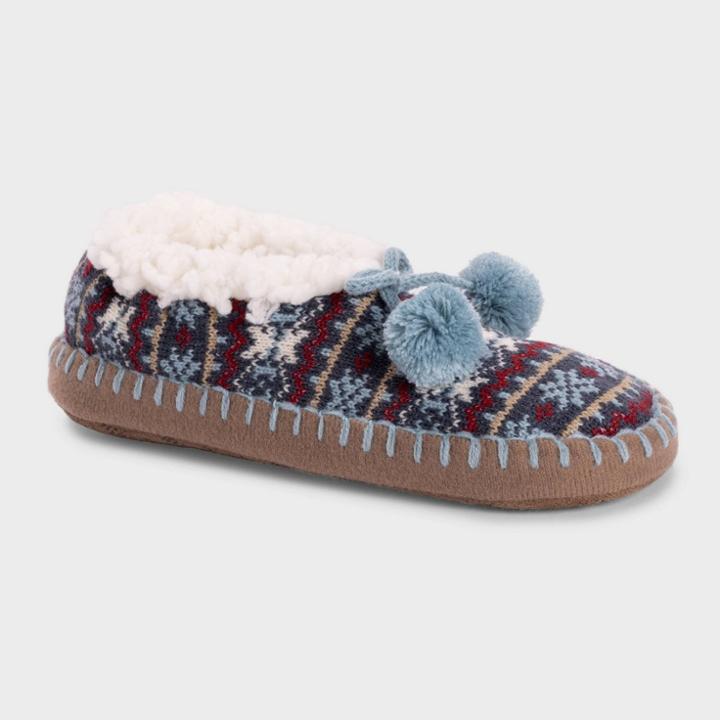 Muk Luks Women's Classic Ballerina Slipper Socks With Poms - Blue
