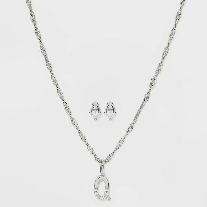 Silver Plated Cubic Zirconia 'q' Initial Earring And Pendant Necklace Set - A New Day