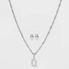 Silver Plated Cubic Zirconia 'q' Initial Earring And Pendant Necklace Set - A New Day