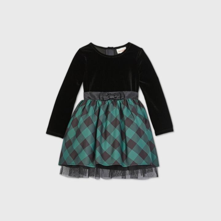 Toddler Girls' Velour Plaid Long Sleeve Dress - Cat & Jack Green
