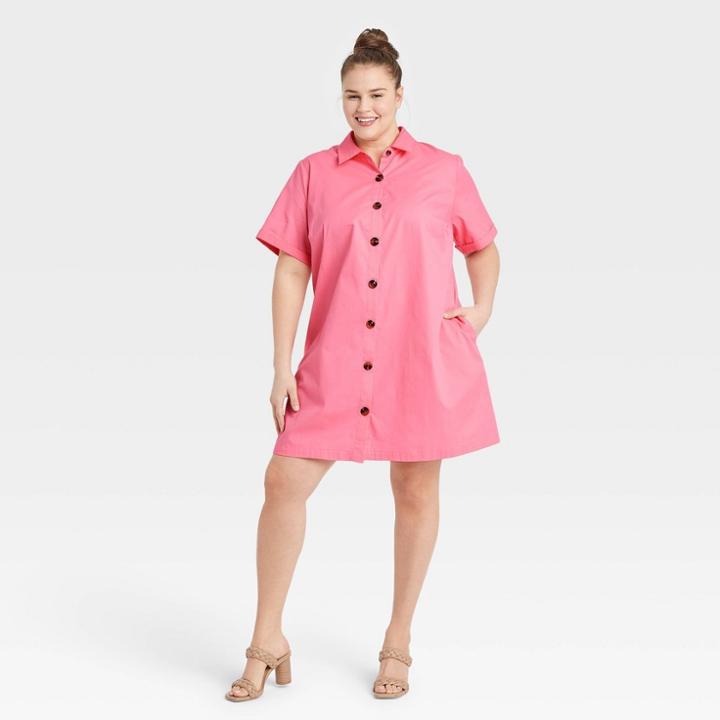 Women's Plus Size Short Sleeve Button-down Trapeze Dress - Who What Wear Pink