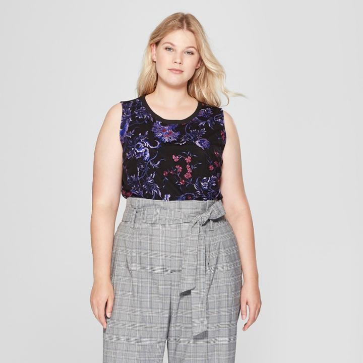 Women's Plus Size Embroidered Front Tank Top - A New Day Black