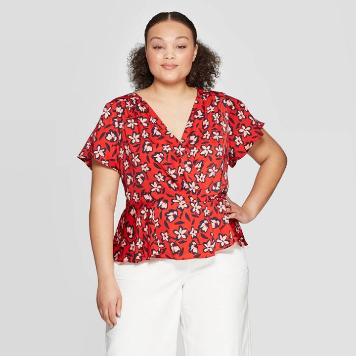 Women's Plus Size Floral Print Short Flutter Sleeve V-neck Wrap Top - Who What Wear Red X