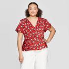 Women's Plus Size Floral Print Short Flutter Sleeve V-neck Wrap Top - Who What Wear Red X