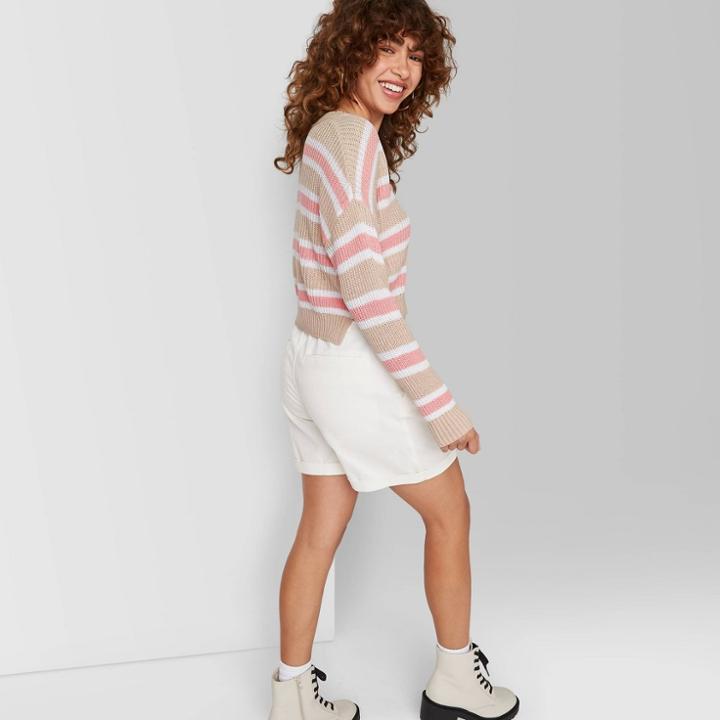 Women's Striped V-neck Pullover Sweater - Wild Fable Tan/peach