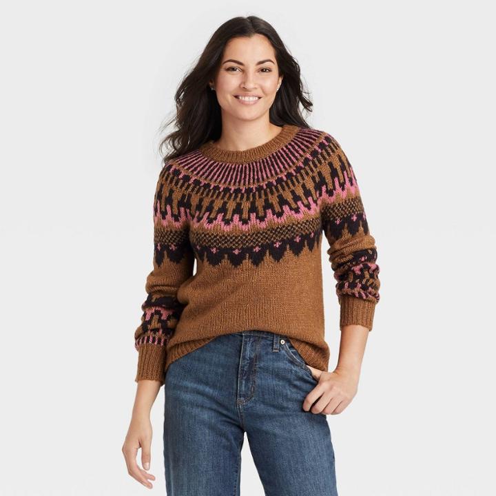Women's Crewneck Pullover Sweater - Knox Rose Brown Fair Isle