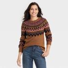 Women's Crewneck Pullover Sweater - Knox Rose Brown Fair Isle