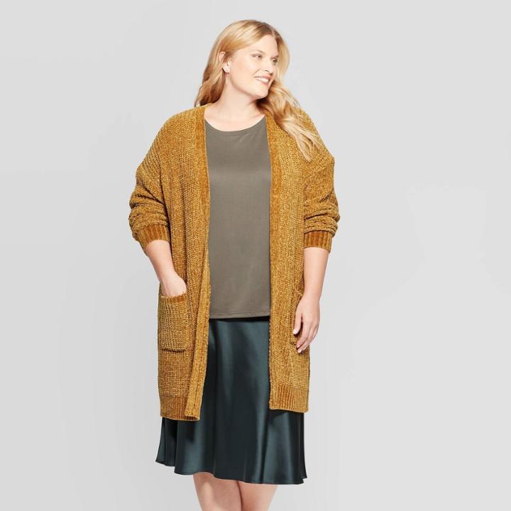 Women's Plus Size Long Sleeve Open Layering Chenille Cardigan - Ava & Viv Gold
