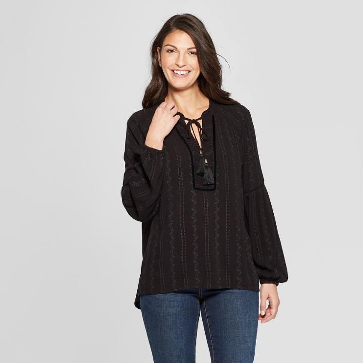 Women's Long Sleeve Tonal Embroidered Peasant Top - Knox Rose Black
