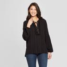 Women's Long Sleeve Tonal Embroidered Peasant Top - Knox Rose Black