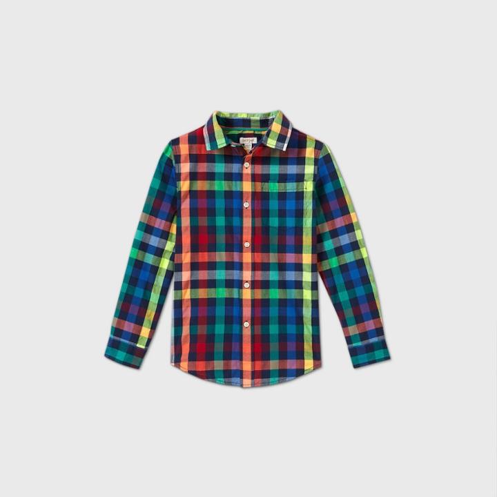 Boys' Long Sleeve Button-down Poplin Plaid Shirt - Cat & Jack
