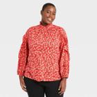 Women's Plus Size Floral Print Balloon Long Sleeve Cascade Ruffle Top - Who What Wear Red